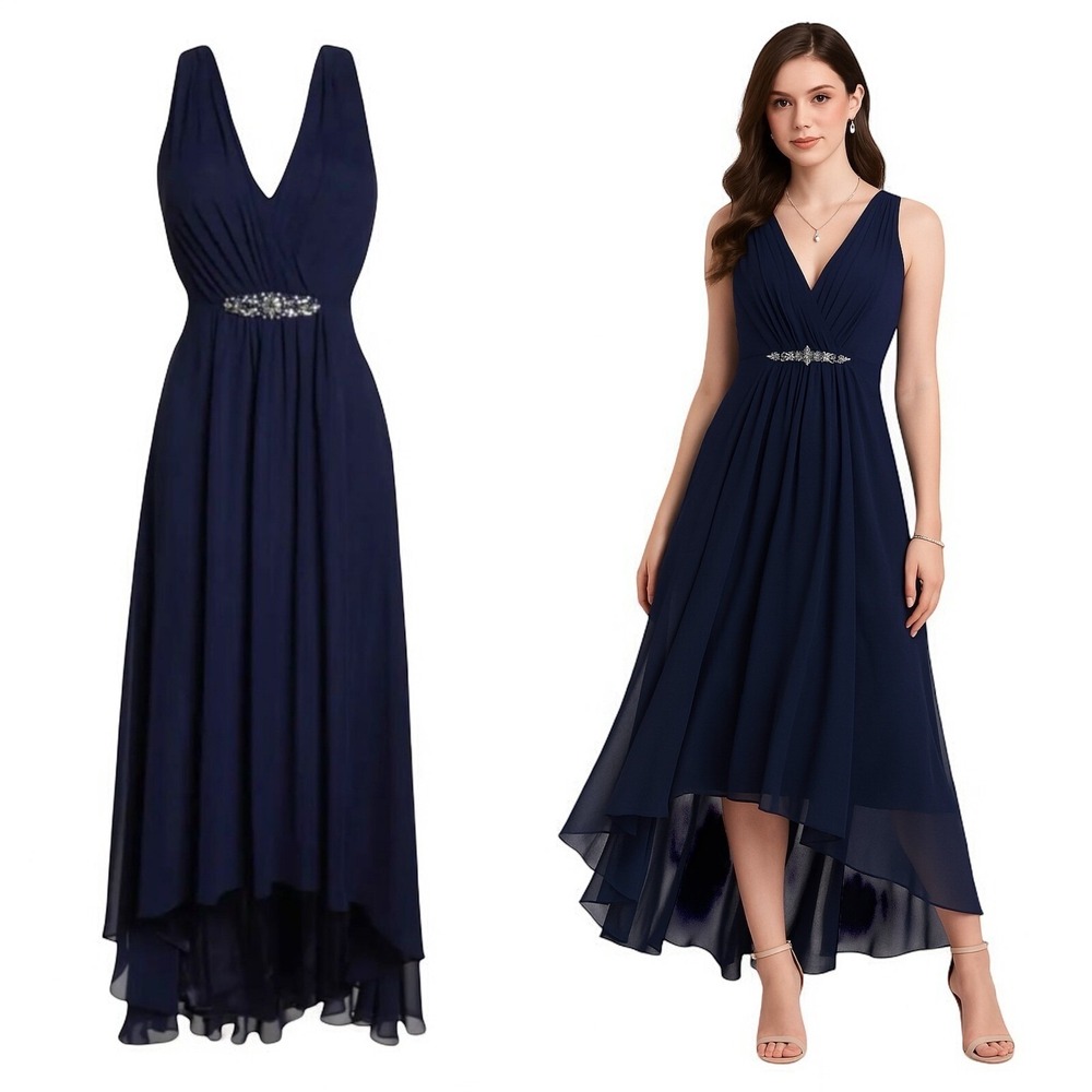 Eliza J Women 8 Navy Blue Embellished Chiffon Gown Formal Elegant Prom Black Tie
